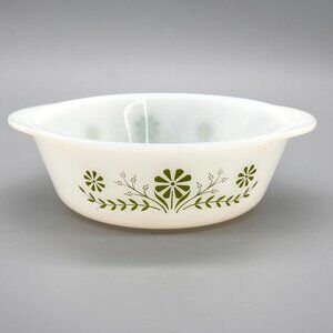 Vintage Glasbake Green Daisy Milk Glass Casserole Dish With Side Grip 2 Quart